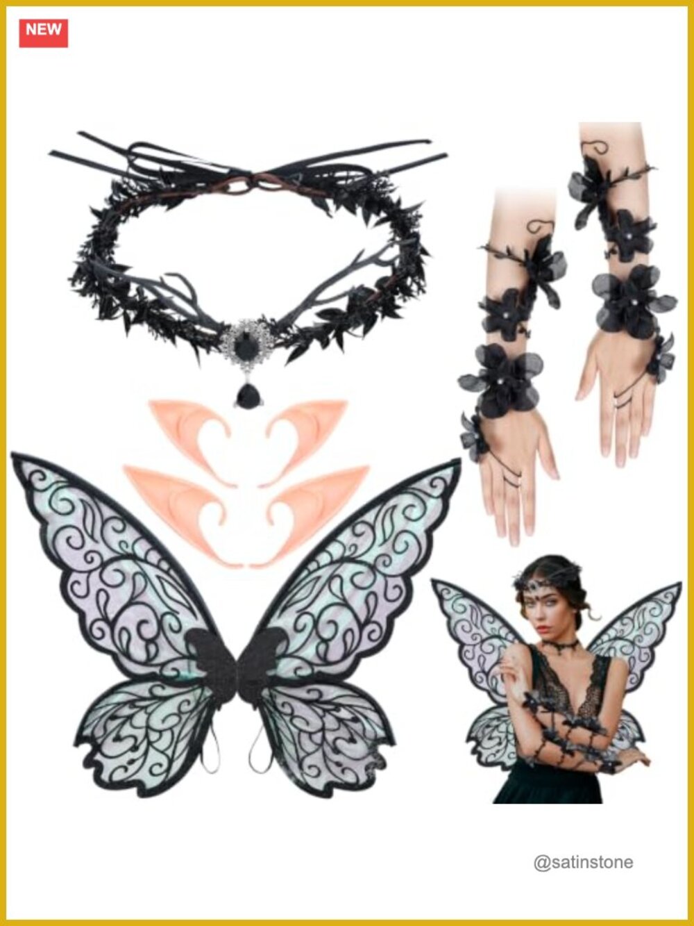 4 Piece Halloween Black Fairy Wing Costume Set for Women - Complete Gothic